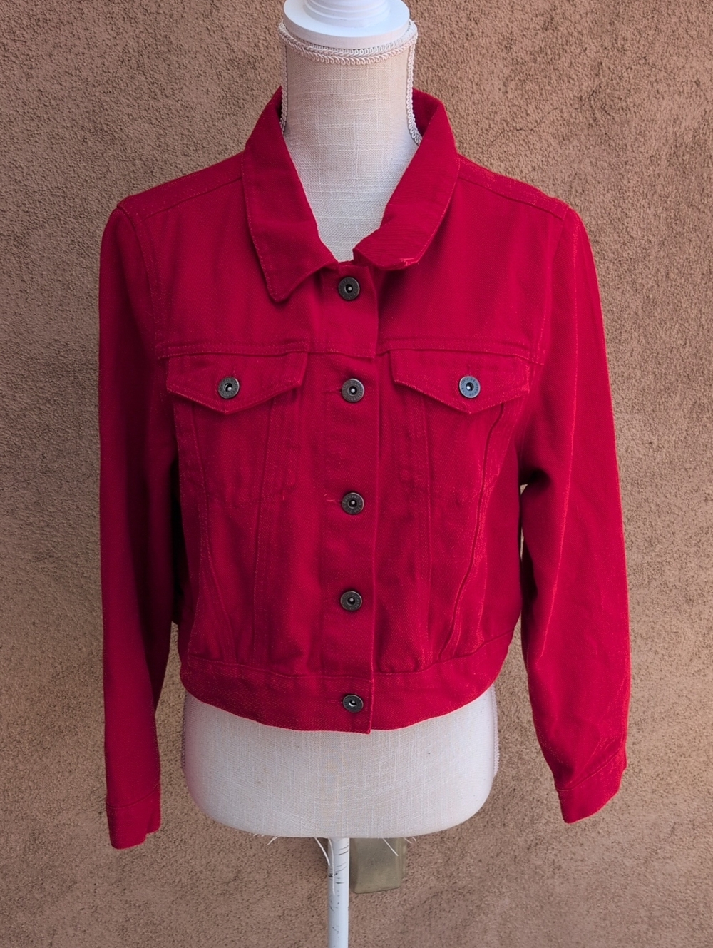 The Style Between Us Red Denim 100% Cotton Cropped Button Down Jean Jacket Retro